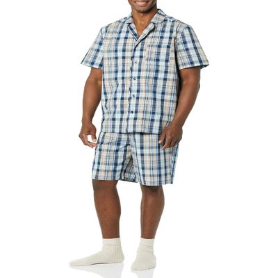 Amazon Essentials AEM20153SS22 Pyjama Sets, Taupe/Navy, Madras, XS
