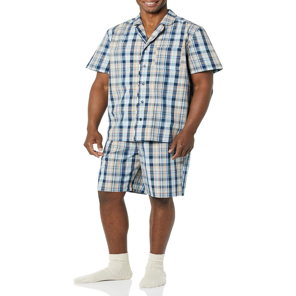 Amazon Essentials AEM20153SS22 Pyjama Sets, Taupe/Navy, Madras, XS