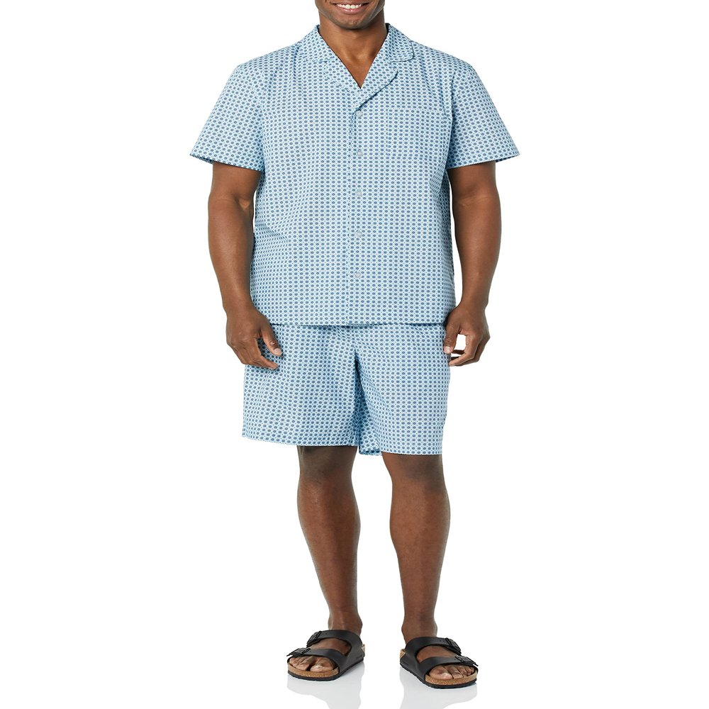 Amazon Essentials Men's Lightweight Woven Notch Collar Short Pyjama Set, Blue, Geo Print, XS