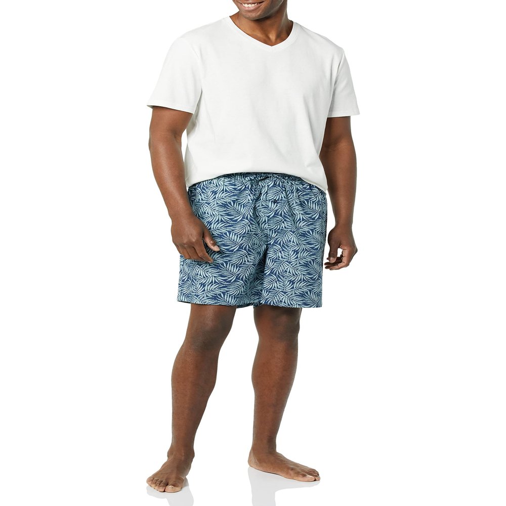 Amazon Essentials Men's Cotton Poplin Pajama Short with Cotton T-Shirt Set, Blue Palm Leaf/White, Small