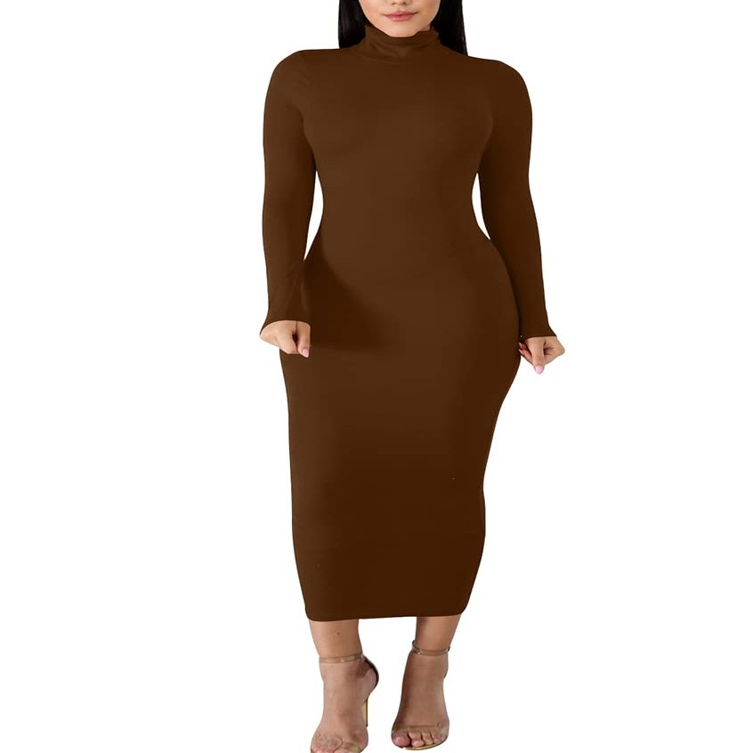 BORIFLORS Women's Sexy Basic Long Sleeve Turtleneck Bodycon Party Long Pencil Dress,Large,Coffee