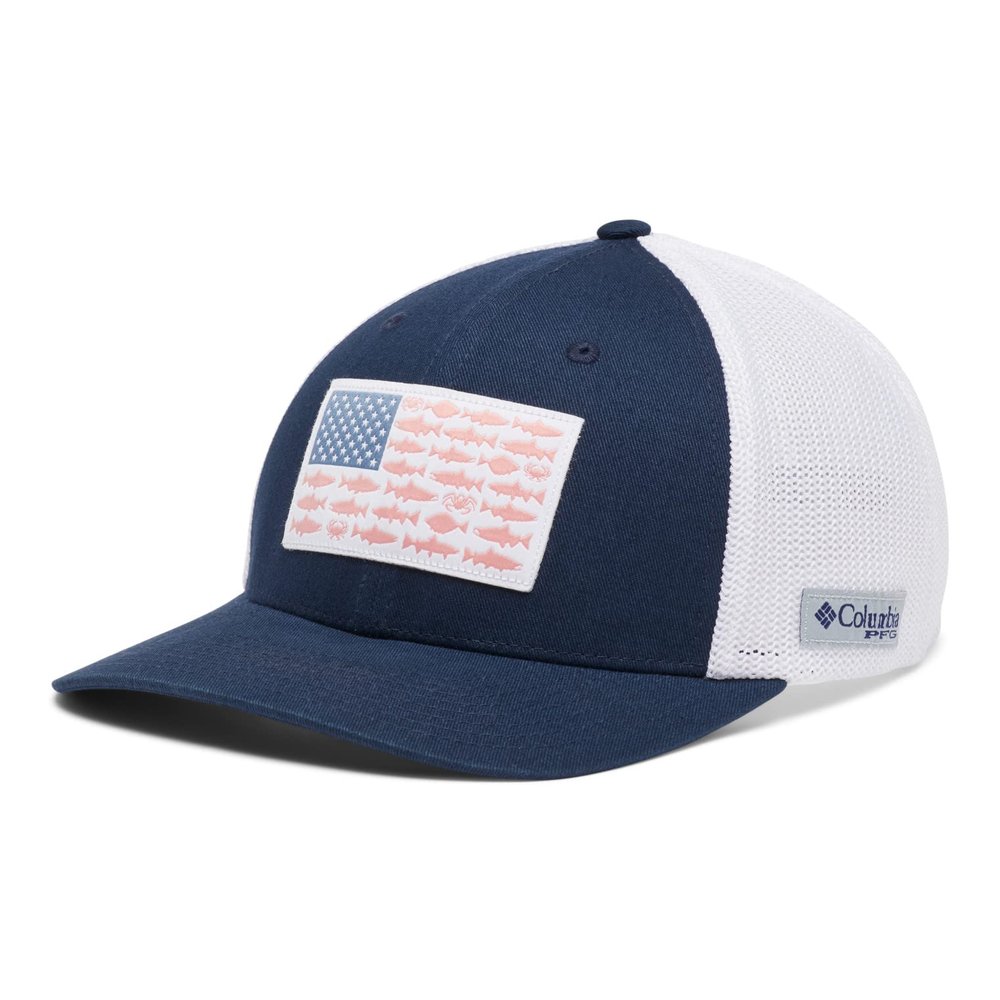 Columbia Unisex PFG Fish Flag Mesh Ball Cap - Low, Collegiate Navy/PNW Flag, Small/Medium