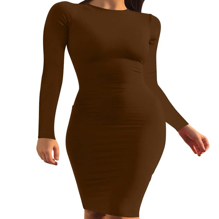 Mokoru Women's Casual Basic Pencil Dress Sexy Long Sleeve Bodycon Midi Club Dress, Large, Coffee