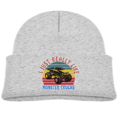 DARLEKS I Just Really Like Monster Trucks Kids Hat Knitted Beanie Skull Warm Winter Unisex for Baby Cuffed Beanie Cap Gray