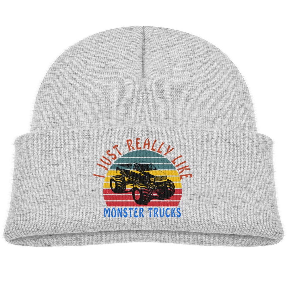 DARLEKS I Just Really Like Monster Trucks Kids Hat Knitted Beanie Skull Warm Winter Unisex for Baby Cuffed Beanie Cap Gray