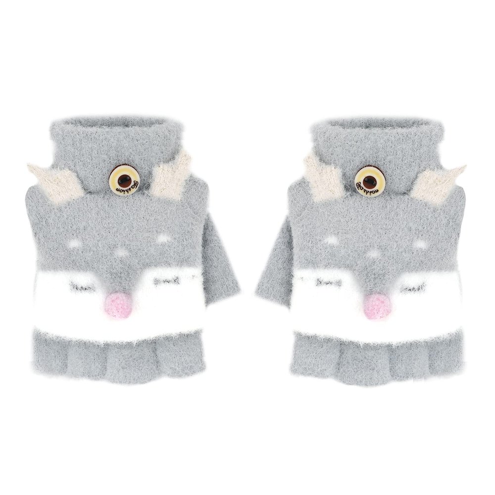 Cartoon Convertible Flip Top Gloves Toddler Kids Winter Wool Knit Fingerless Gloves with Mitten Cover for Girls Boys 2-12 Yrs