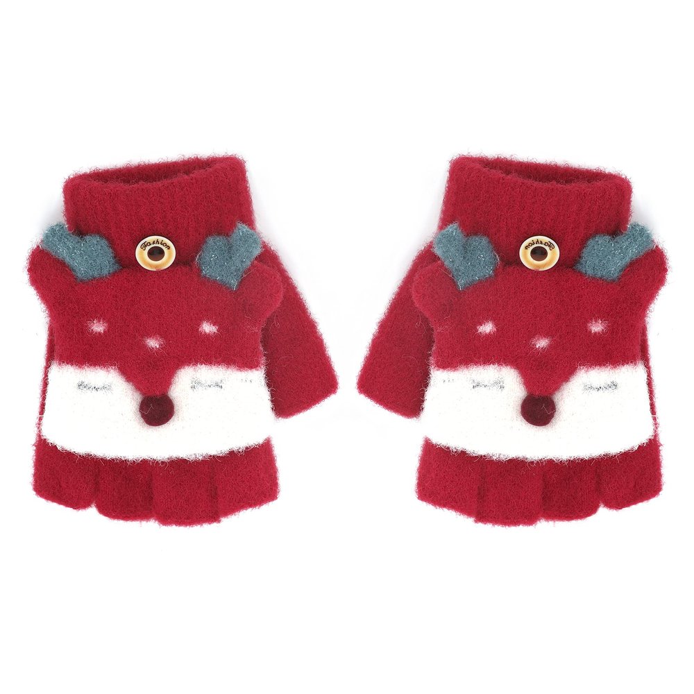 Cartoon Convertible Flip Top Gloves Toddler Kids Winter Wool Knit Fingerless Gloves with Mitten Cover for Girls Boys 2-12 Yrs
