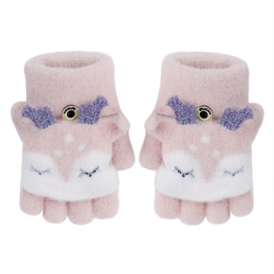 Greenery-GRE Cartoon Convertible Flip Top Gloves Toddler Kids Winter Wool Knit Fingerless Gloves with Mitten Cover for Girls Boys 2-6 Yrs