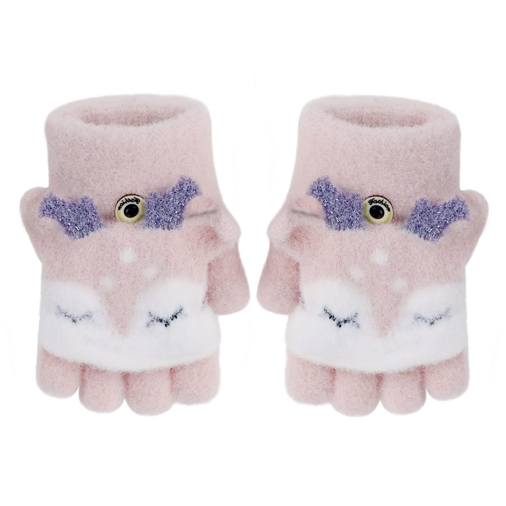 Greenery-GRE Cartoon Convertible Flip Top Gloves Toddler Kids Winter Wool Knit Fingerless Gloves with Mitten Cover for Girls Boys 2-6 Yrs