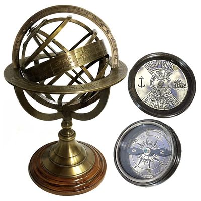Victorian Brass Zodiac Armillary Desktop Decor Globe + Kalvin & Hughes Antique Brass Calendar Compass Christmas Decor Gifts