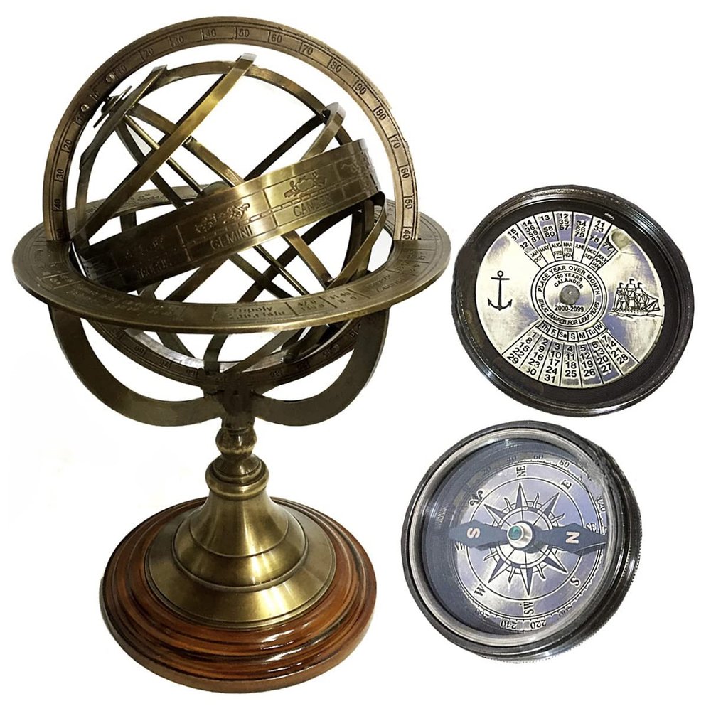 Victorian Brass Zodiac Armillary Desktop Decor Globe + Kalvin & Hughes Antique Brass Calendar Compass Christmas Decor Gifts