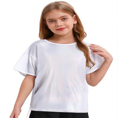 easyforever Kids Girls Boys Shiny Metallic Short Sleeve Shirt T-Shirt Sparkly Jazz Hip Hop Dance Top Performance Blouse Silver 6-7 Years