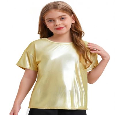 easyforever Kids Girls Boys Shiny Metallic Short Sleeve Shirt T-Shirt Sparkly Jazz Hip Hop Dance Top Performance Blouse Gold 3-4 Years