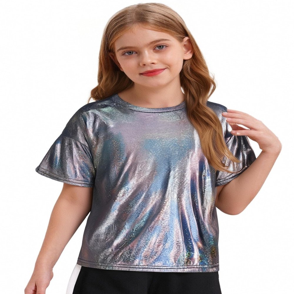 easyforever Kids Girls Boys Shiny Metallic Short Sleeve Shirt T-Shirt Sparkly Jazz Hip Hop Dance Top Performance Blouse Black 5-6 Years
