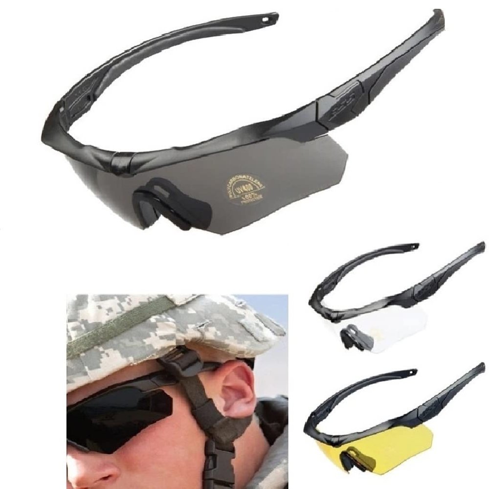 GALAXYLENSE Tactical Combat Glasses For Men - Shooting Glasses - 3 Color Polycarbonate Replacement Lens (Black Color)