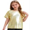 easyforever Kids Girls Boys Shiny Metallic Short Sleeve Shirt T-Shirt Sparkly Jazz Hip Hop Dance Top Performance Blouse Gold 5-6 Years view 1