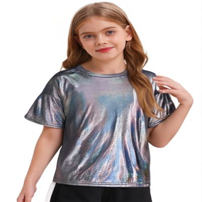 easyforever Kids Girls Boys Shiny Metallic Short Sleeve Shirt T-Shirt Sparkly Jazz Hip Hop Dance Top Performance Blouse Black 6-7 Years