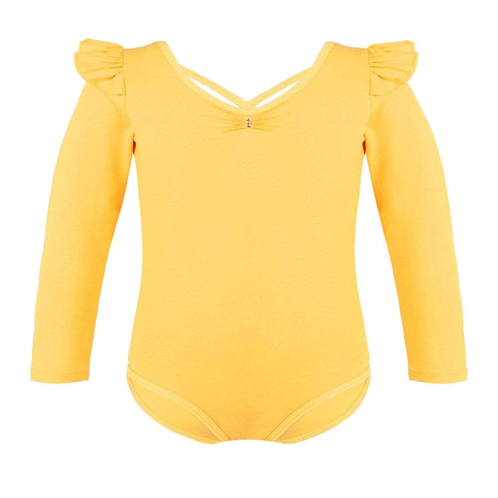 easyforever Kids Girls Leotard Long Sleeve Lace Hollow Ballet Gymnastics Yoga Unitard Team Dance Tops Bodysuit Yellow A 13-14 Years