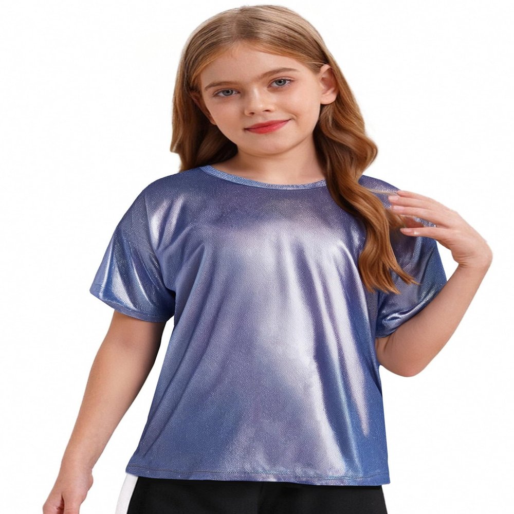 easyforever Kids Girls Boys Shiny Metallic Short Sleeve Shirt T-Shirt Sparkly Jazz Hip Hop Dance Top Performance Blouse Royal Blue 6-7 Years