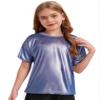 easyforever Kids Girls Boys Shiny Metallic Short Sleeve Shirt T-Shirt Sparkly Jazz Hip Hop Dance Top Performance Blouse Royal Blue 6-7 Years view 1