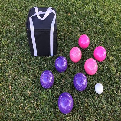 BuyBocceBalls Listing - Unique Bocce Sets - 107mm with Purple and Pink Balls, Black Bag