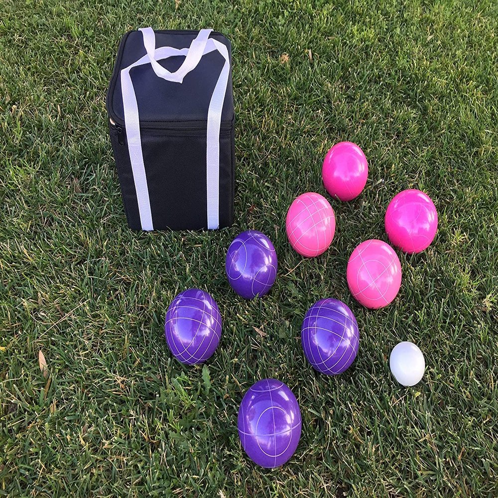 BuyBocceBalls Listing - Unique Bocce Sets - 107mm with Purple and Pink Balls, Black Bag