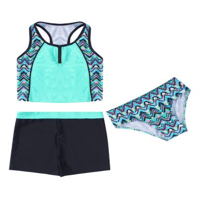 Loloda Kids Girls 3 Piece Swimsuit Printed Crop Top and Short Bottoms Tankini Set Swimwear Bathing Suit Teal 4 Years