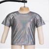 Oyolan Kids Girls Boys Metallic Shinny Athletics Short Sleeves Dance Crop Tops Hip Hop Street Performance Costume Black 4-5 Years view 3