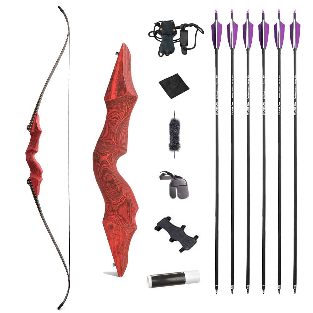 60 Inch Black Hunter Original Takedown Recurve Bow and Arrow Set 20-60lbs Traditional Wood Longbow Right and Left Handed American Hunting Longbow (55 Lbs, Red Set/Right Handed)