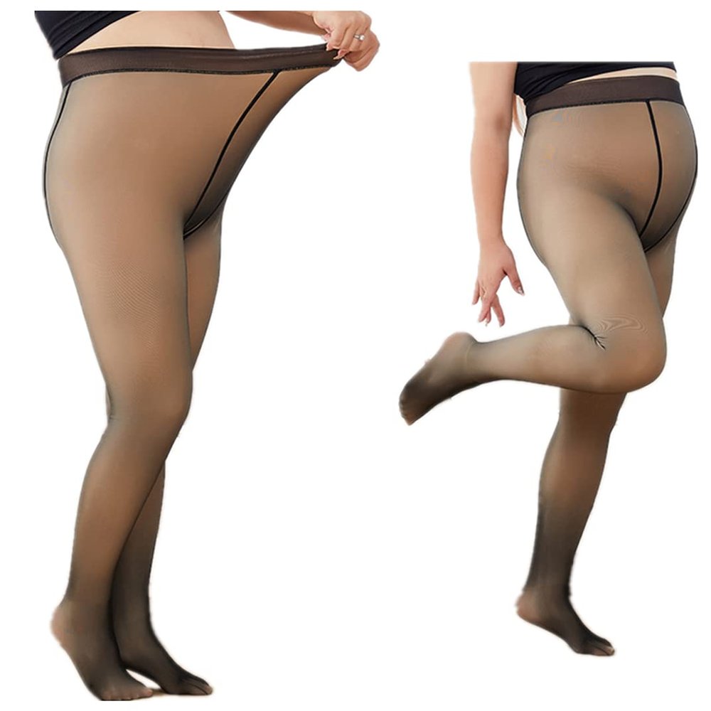 Fleece Plus Size Tights, Fake Translucent Tights Thermal Pantyhose, Warm Sheer Fleece Pantyhose for Women Plus Size (Black, 90G)