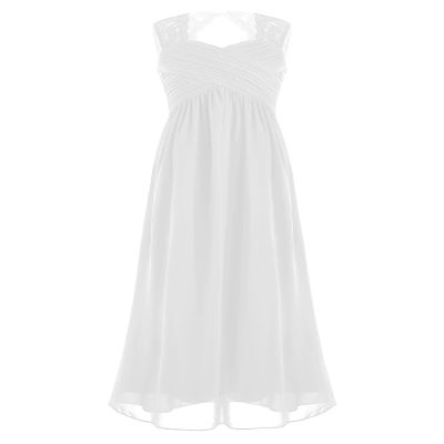 Duoremi Kids Girls Lace Pleated Junior Bridesmaid Wedding Party Dress Formal Maxi Ball Gown White 8 Years
