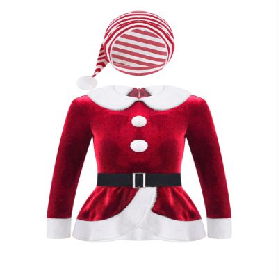 Hansber Girls Christmas Outfits Long Sleeve Faux Fur Trimming Velvet Figure Roller Skating Baton Twirling Dress Red-Hat 10