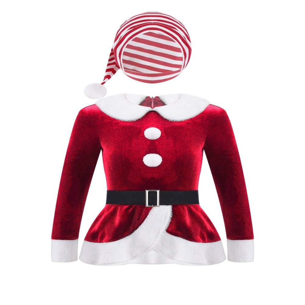 Hansber Girls Christmas Outfits Long Sleeve Faux Fur Trimming Velvet Figure Roller Skating Baton Twirling Dress Red-Hat 10