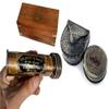 Victorian Brass Kaliedo Scope in Vintage Wooden Box + Kalvin Hughes Antique Brass Compass in Leather Case view 1
