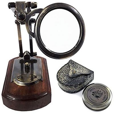 Victorian Antique Brass Desktop Magnifying Glass + Royal Navy Brass Compass in Vintage Leather Case