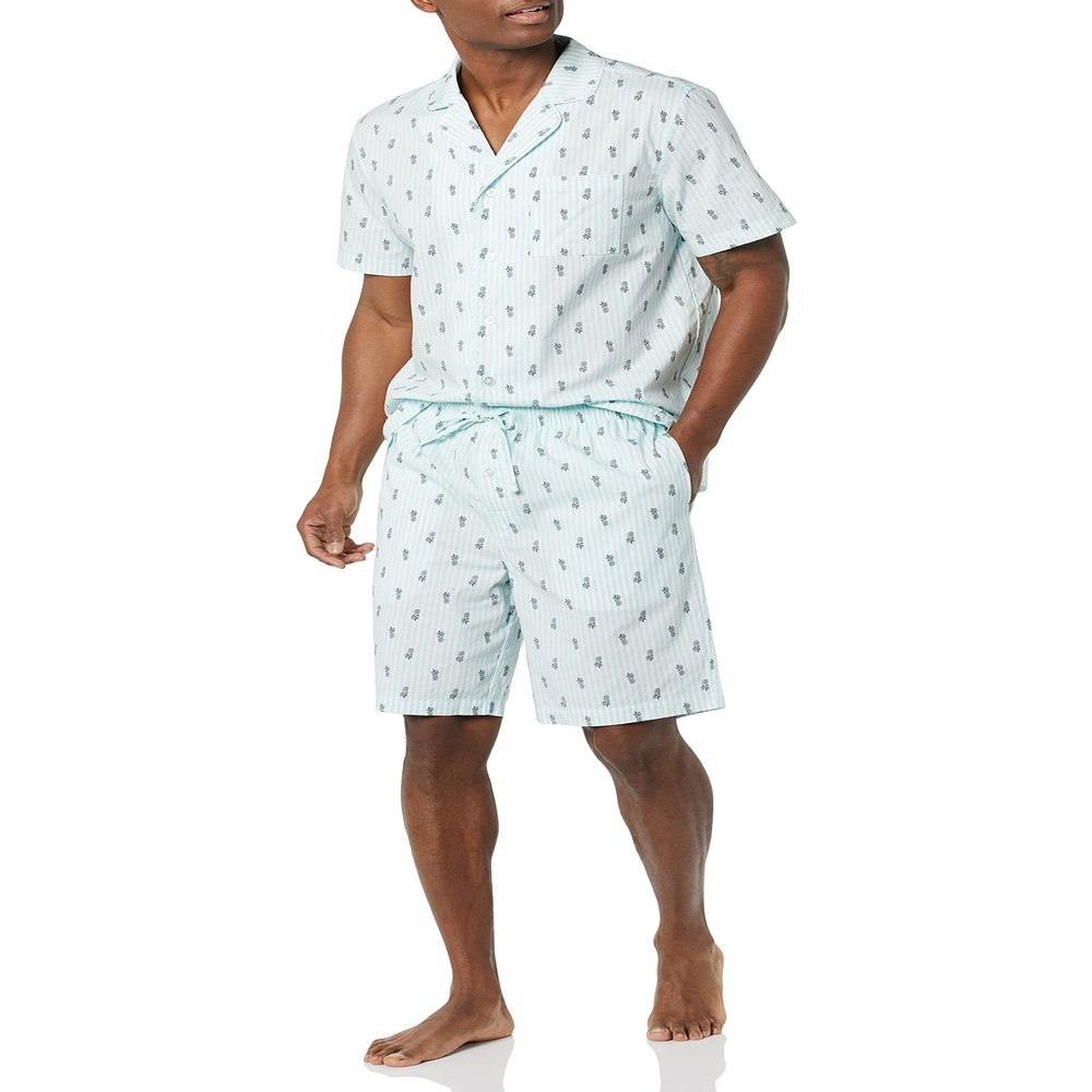 Amazon Essentials Men's Lightweight Woven Notch Collar Short Pyjama Set, Multicolour, Pineapple/Stripes, XS