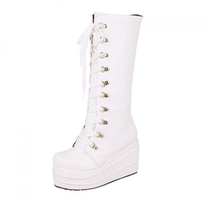 ZBYY Women's Wedge Platform Boots Lace High Heel Round Toe Knee High Boots Winter Hiking Outdoor Booties for Women