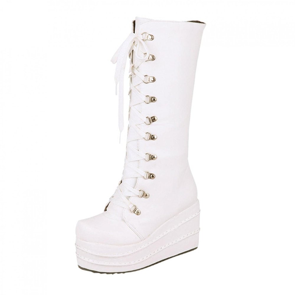 ZBYY Women's Wedge Platform Boots Lace High Heel Round Toe Knee High Boots Winter Hiking Outdoor Booties for Women