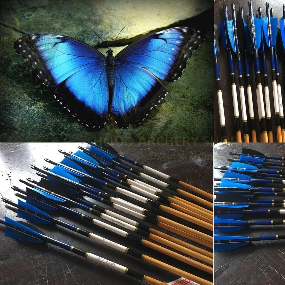 Wooden Archery Arrow for Recurve Bow Or Longbow and Compound Bow Medieval Traditional Archery with Blue Black Turkey Feather, 50-70# Spine Weight 28 Inches for Archer (Pack of 12)