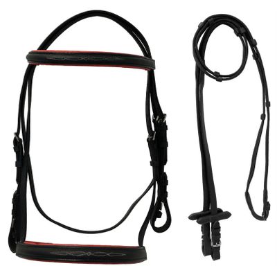Equitem Leather English Fancy Stitched Padded Bridle with Matching Web Reins (Black/Pink, Pony)