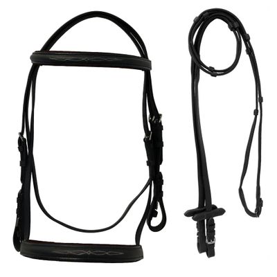 Equitem Leather English Fancy Stitched Padded Bridle with Matching Web Reins (Black, Pony)