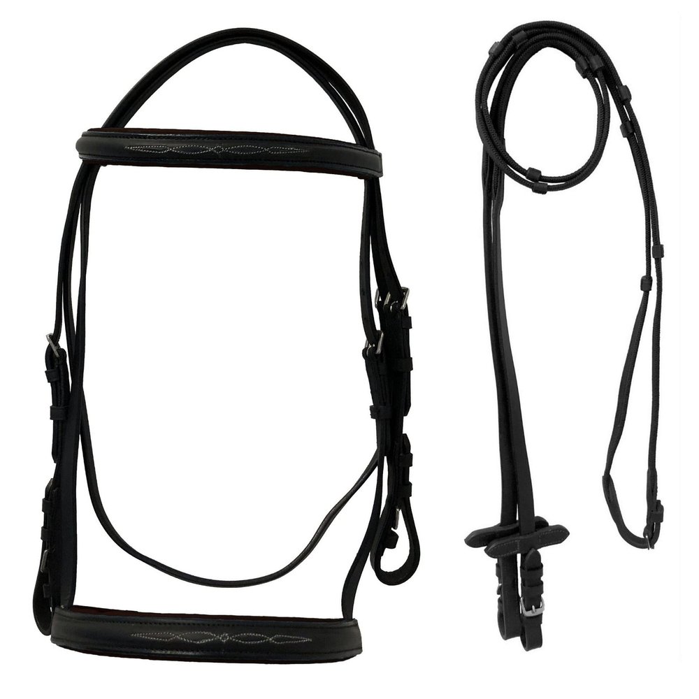Equitem Leather English Fancy Stitched Padded Bridle with Matching Web Reins (Black, Pony)