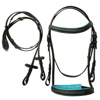 Equitem Leather English Fancy Stitched Padded Bridle with Matching Web Reins (Brown/Teal, Miniature)