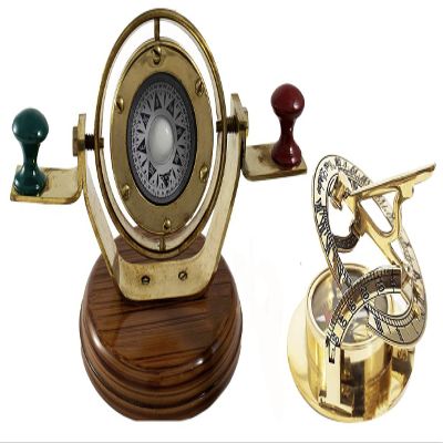 Maritime Binnacle Brass Compass Tabletop Decorative Gifts + Victorian Shiny Brass Sundial Compass for Men/Women