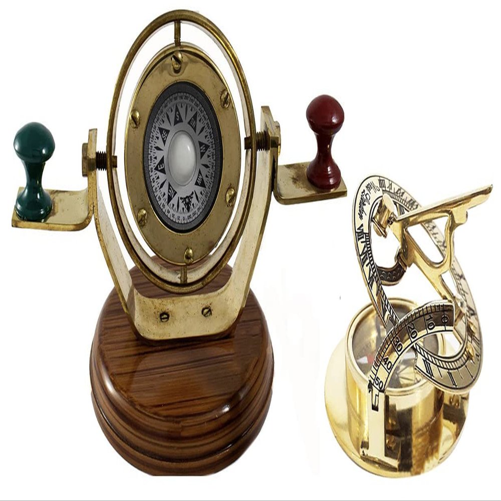Maritime Binnacle Brass Compass Tabletop Decorative Gifts + Victorian Shiny Brass Sundial Compass for Men/Women