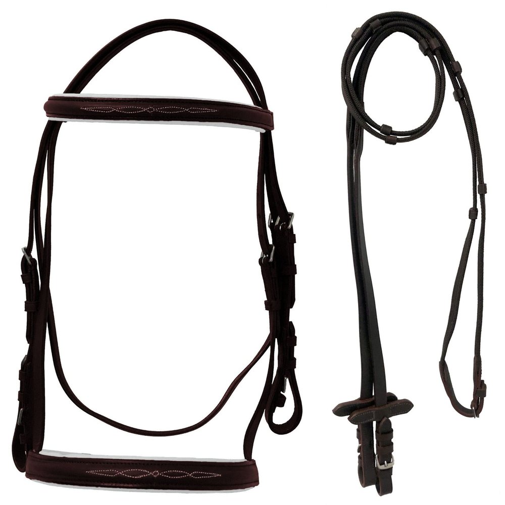Equitem Leather English Fancy Stitched Padded Bridle with Matching Web Reins (Brown/White, Pony)