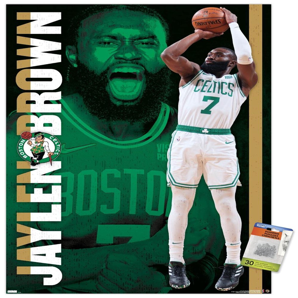Trends International NBA Boston Celtics - Jaylen Brown 21 Wall Poster, 22.375" x 34", Premium Poster & Push Pin Bundle