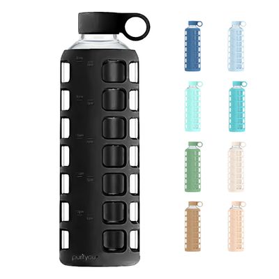 purifyou 40oz / 32oz / 22oz / 12oz Borosilicate Glass Water Bottle with Time & Volume Markers, Silicone Sleeve, Stainless Steel Lid | Reusable Glass Bottle for Water & Juice (40oz Jet Black)