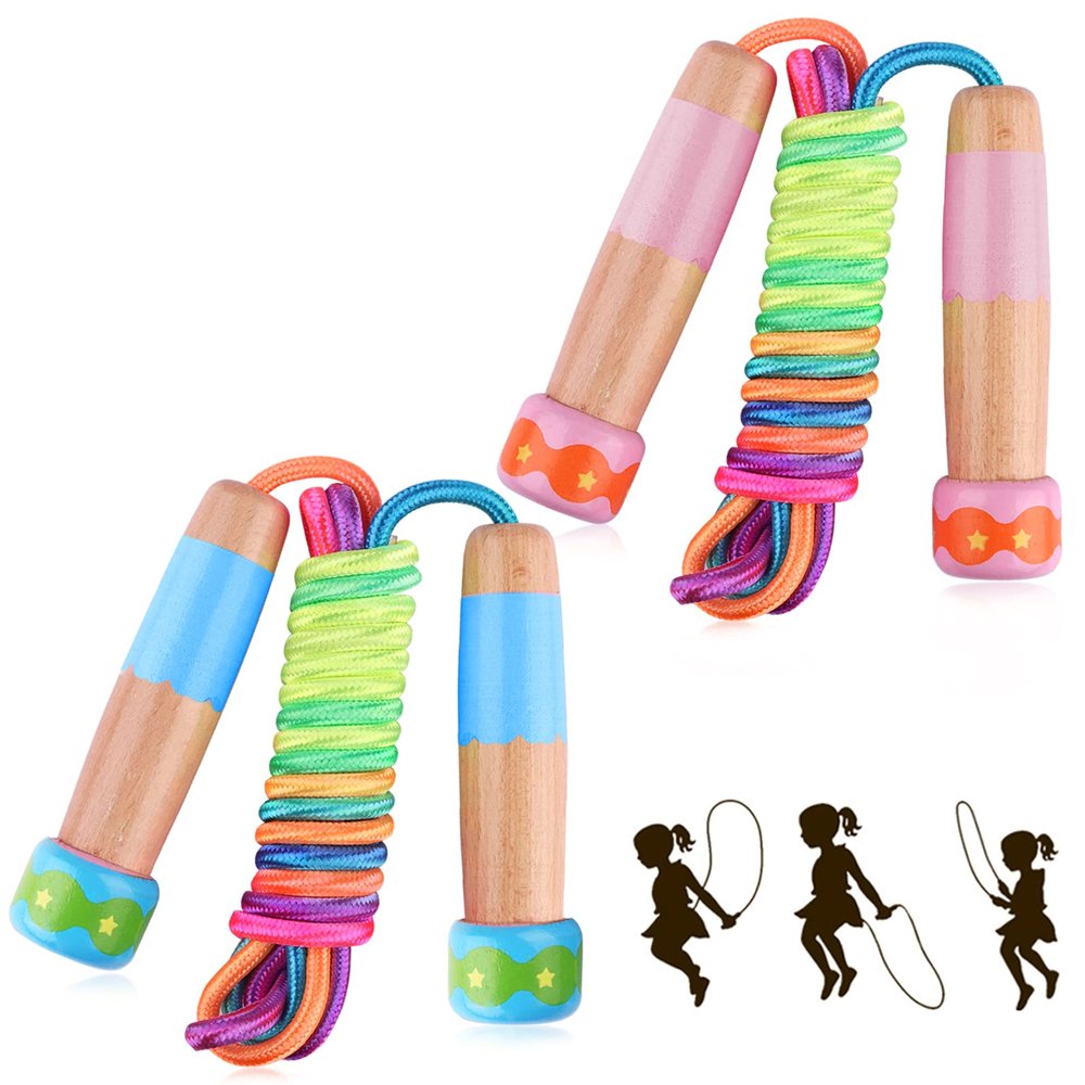 2 Pcs Jump Rope for Kids Adjustable, Lorvain Rainbow Skipping Rope, Kids Jump Ropes with Wooden Handle for Girls Boys, Weighted Jumping Ropes for Fitness Workout Exercise Outdoor Fun Activity
