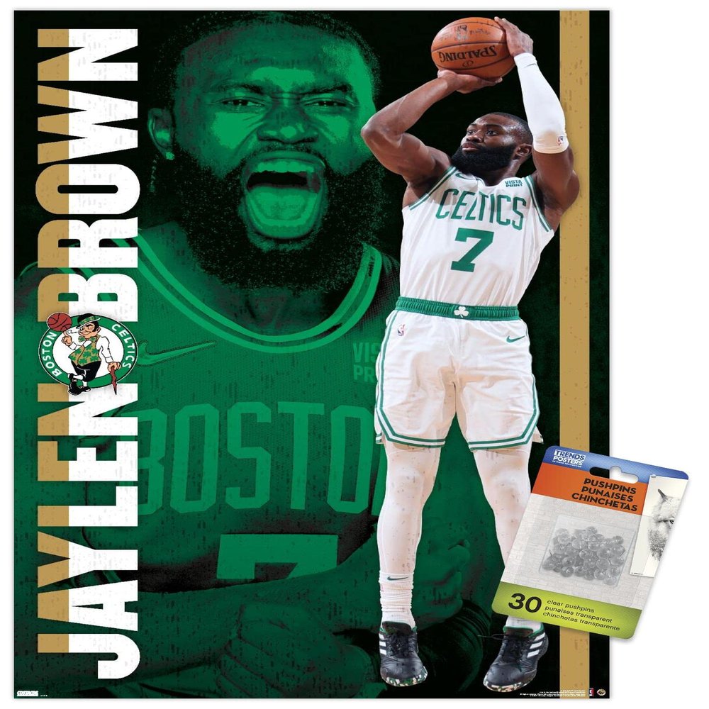 Trends International NBA Boston Celtics - Jaylen Brown 21 Wall Poster, 14.725" x 22.375", Premium Poster & Push Pin Bundle